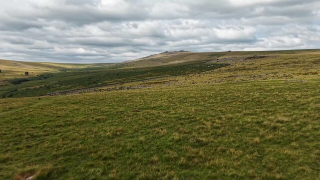 Historic standing stones grasslands and tors on Dartmoor Devon