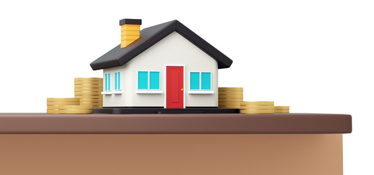 Zero percent home loan concept with 3D house, coins and interest rate symbol on transparent PNG background