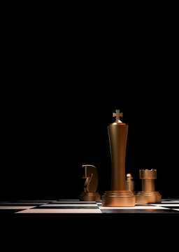 Bronze chess king on a chessboard symbolizing leadership, strategy, power, and decision-making with dramatic lighting and copy space.