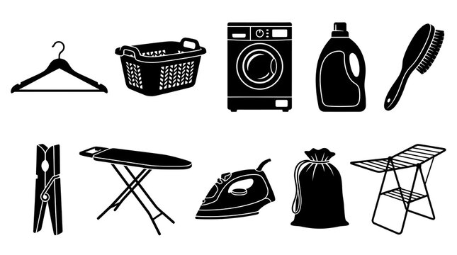 Laundry service and housekeeping silhouette vector icon set, including clothes hanger, laundry basket, washing machine, detergent bottle, cleaning brush, clothespin, ironing board, electric iron, laun
