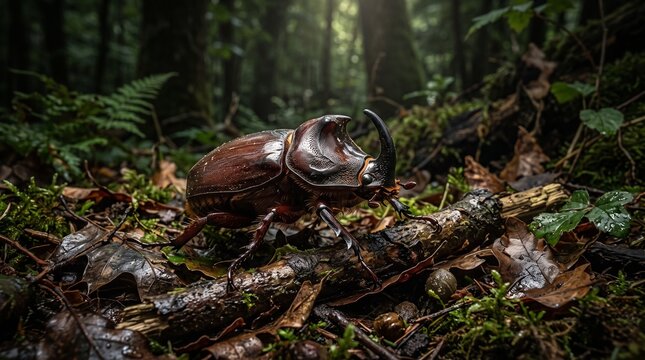 Rhinoceros beetle on forest floor