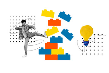 Fototapeta premium Composite photo collage of serious american guy kick lego bricks led idea concept business strategy plan isolated on painted background