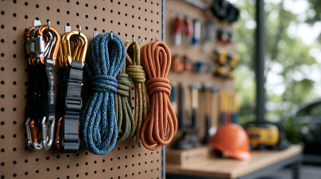 tidy pegboard wall holding bands, ropes and small equipment, detail