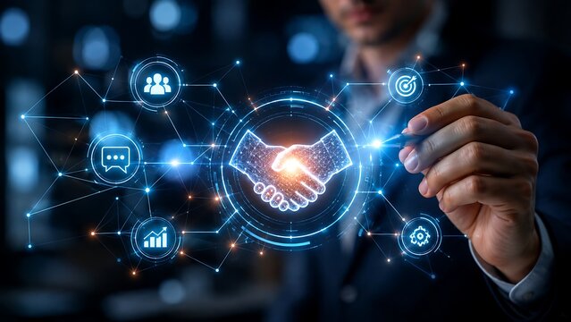 Business professional interacting with digital handshake partnership interface network technology integration concept