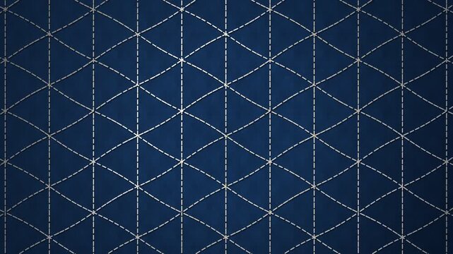 Japanese sashiko stitching in white thread on indigo fabric, asanoha pattern, seamless loop