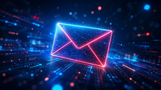 Neon digital mail envelope symbol floating above glowing cybernetic data network surface