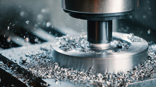 Milling cutter processes metal surface creating fine chips in industrial workspace