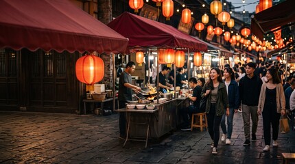 Naklejka premium Friends arrive at a contemporary Asian night market