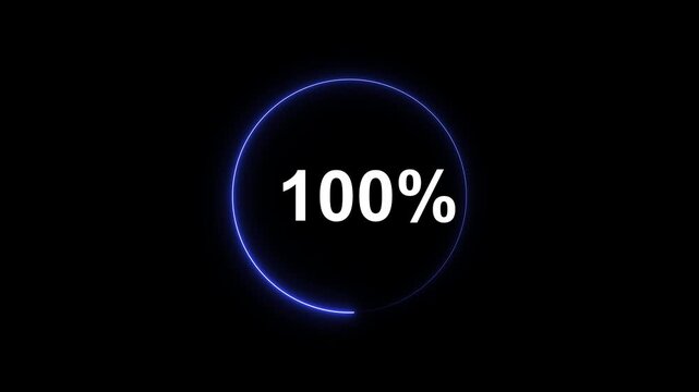 Neon blue circular loading progress bar animation with 100 percent completion indicator on black background