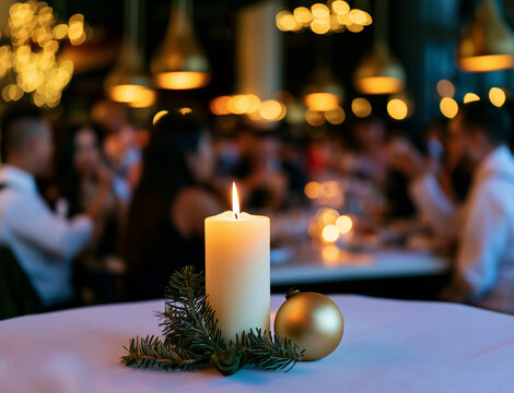 Christmas candle centerpiece at festive dinner with guests, holiday celebration and warm bokeh lights. 