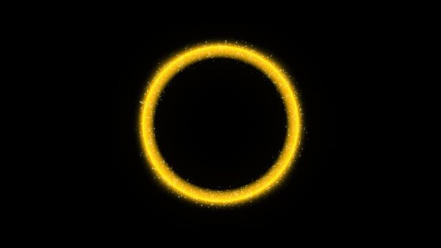 abstract colorful particle ring loop with glowing  gold energy portal dust explosion for sci-fi tech intro magical circle frame cosmic  black background seamless 4k motion graphics video