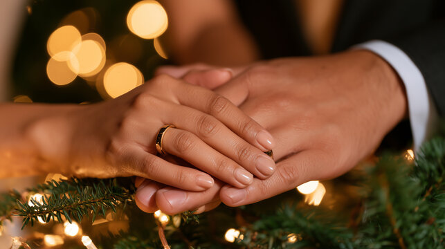 Newlywed couple holding hands with wedding rings surrounded by fir branches and warm Christmas lights during the holiday season. 