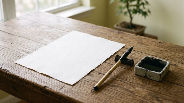Calligraphy brush and blank paper on rustic wooden table