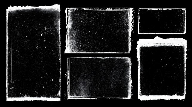 Photocopy overlay texture set with old worn edges frames. Hand drawn grungy dirt paper old texture overlay. Rectangle frame background with grainy noise old effect. Stock Vector
