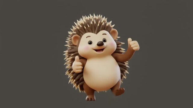 Adorable hedgehog character giving thumbs up with cinematic smooth motion in a neutral studio setting