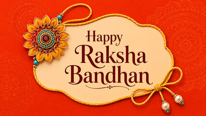 Naklejka na ściany i meble Yellow floral rakhi on ornate orange background with traditional patterns conveying happy raksha bandhan wishes to celebrate the sacred bond of protection