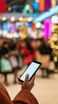 Smartphone with blank white screen held by shopper in decorated Christmas mall with colorful lights and festive retail atmosphere for mockup design.