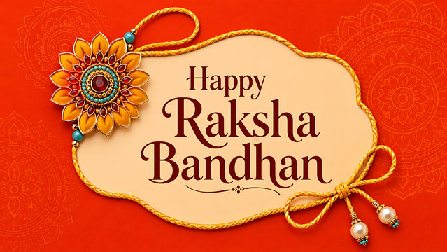 Yellow floral rakhi on ornate orange background with traditional patterns conveying happy raksha bandhan wishes to celebrate the sacred bond of protection