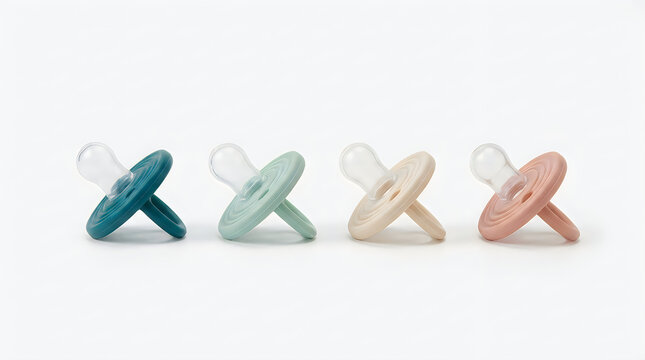Four colorful baby pacifiers in a row illustration