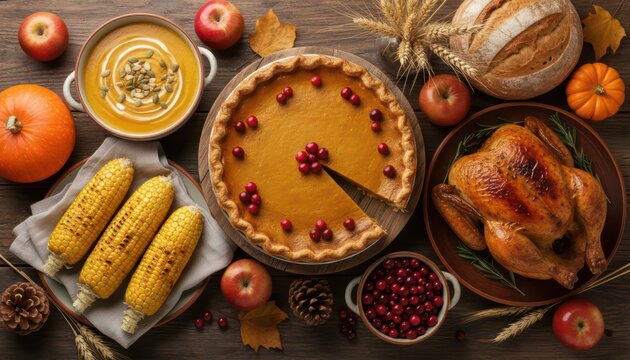 Rustic Thanksgiving dinner table, roasted turkey and pumpkin pie, autumn feast food spread