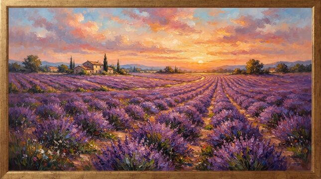Oil painting of a lavender field at sunset
