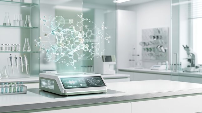 Medical diagnostic device displaying a digital holographic molecular structure in a lab.