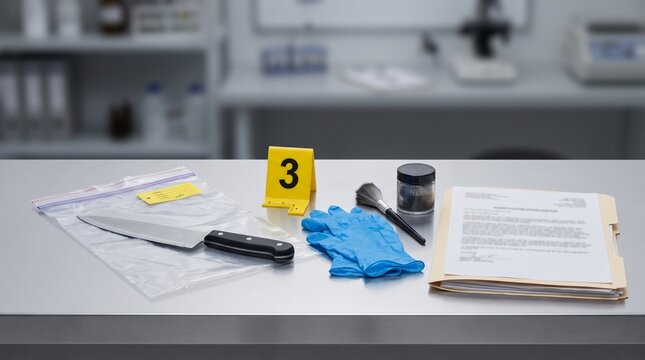 Forensic evidence collection kit with a knife as a crime scene exhibit on a laboratory table.