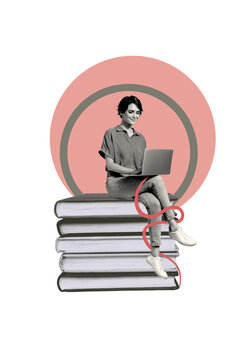 Art image vertical photo collage of happy student girl sit stack library book reader education concept browsing laptop session
