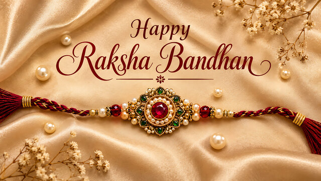 Exquisite rakhi placed delicately on wavy golden silk fabric alongside pearls wishing happy raksha bandhan and honoring the beautiful bond of protection