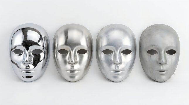 Four metallic human face masks in a row illustration