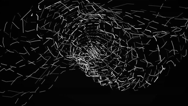 Monochromatic white abstract lines forming complex swirling structure on black background