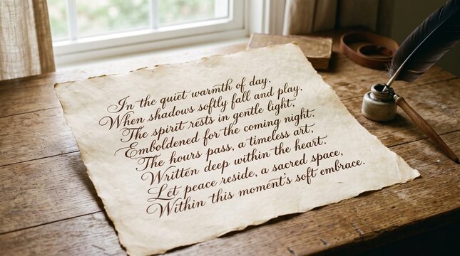 Calligraphy poem on vintage paper with quill and ink