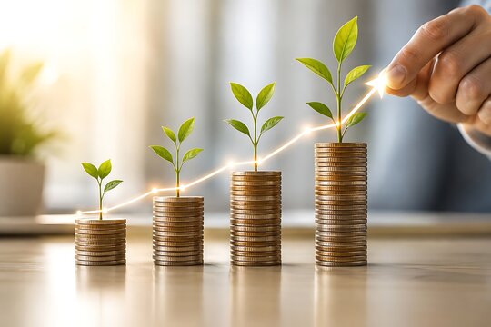 Hand touching glowing arrow rising over growing stacks of golden coins with small green plants