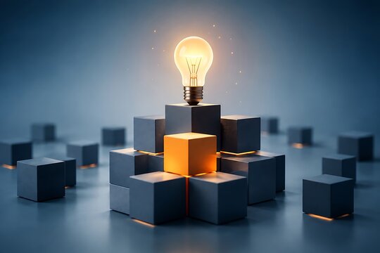 Glowing light bulb atop stacked geometric cubes representing innovation