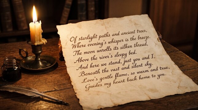 Romantic poem on aged paper with candlelight and quill