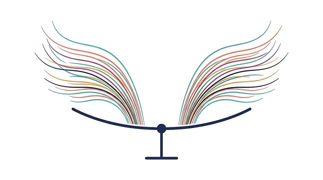 Abstract wing-shaped graphic with radiating curved lines and a minimalist base stand
