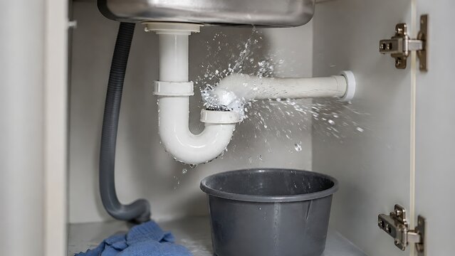 Severe water leak from broken white plastic sink pipe under kitchen cabinet