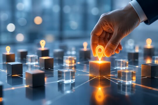 Business professional placing glowing location pin marker on digital data network grid