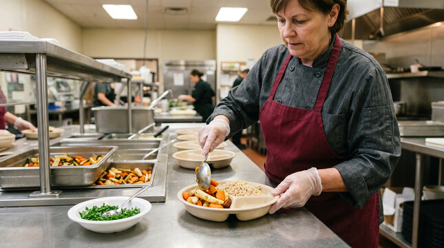 School caterer portions a fresh separated dietary meal