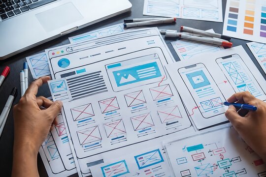 Professional web designer creating mobile application wireframe sketches on paper