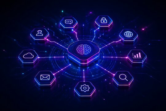Artificial intelligence network hub connecting digital technology icons
