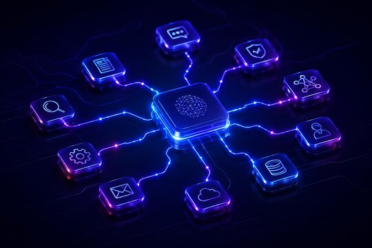 Central artificial intelligence processor connected to digital network interface icons