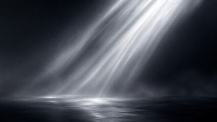 Obraz premium Dramatic volumetric light beams shining down onto a dark reflective surface in foggy space