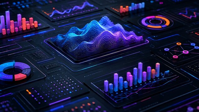 Abstract digital interface with futuristic digital dashboard glowing neon charts