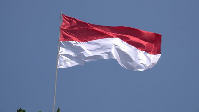 Indonesian red and white national flag waving proudly against a clear blue sky, perfectly capturing the vibrant spirit and patriotic pride for Indonesia's 81st Independence Day anniversary celebration