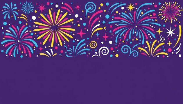 Colorful fireworks celebration on purple background, festive night sky. Holiday party banner