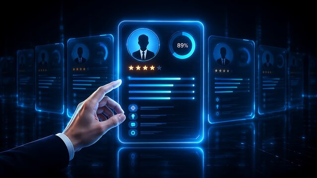 Digital human resources interface selecting professional candidate profiles