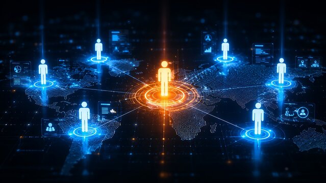 Global digital network connecting people through centralized data communication systems