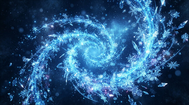 Blue winter magic snowflake vortex abstract cosmic background with snowflake