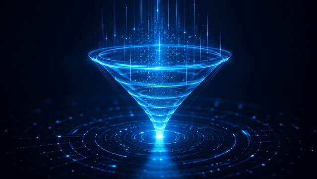 Abstract digital funnel representing data flow and cyber connectivity in neon blue light